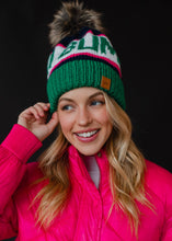 Load image into Gallery viewer, Green, Navy &amp; Pink Ski Bum Pom Hat
