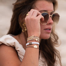 Load image into Gallery viewer, K'lani hair tie bracelets - "Rise" Cream and Tan With Gold &amp; Sun Accents Hair Tie Bracelets
