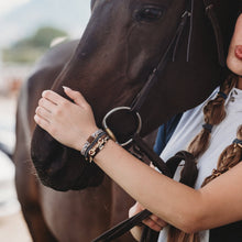 Load image into Gallery viewer, K'lani hair tie bracelets - "Gallop" Horse &amp; Bit Equestrian Accents in Rich Brown &amp; Blue Hair Tie Bracelets
