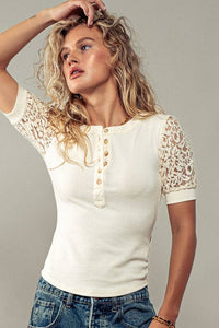 Floral Lace Henley Top: IVORY / S-2/M-2/L-2