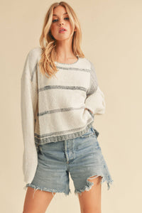 Mona Knit Stripe Pullover Sweater: White/Oat / S / Knit