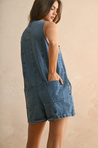 MIOU MUSE - R4752   BUTTON FRONT SLEEVELESS DENIM ROMPER
