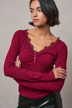 Load image into Gallery viewer, Urban Daizy - Lace Trim Ribbed Knit Henley Top
