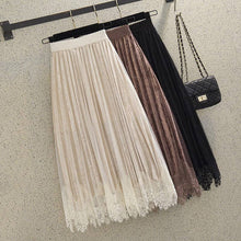 Load image into Gallery viewer, UZ Wholesale Store - Lace Patchwork Pleated Velvet Midi Skirt
