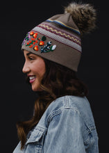 Load image into Gallery viewer, Luxe Tan Patterned w/ Floral Pattern Cuff Pom Hat
