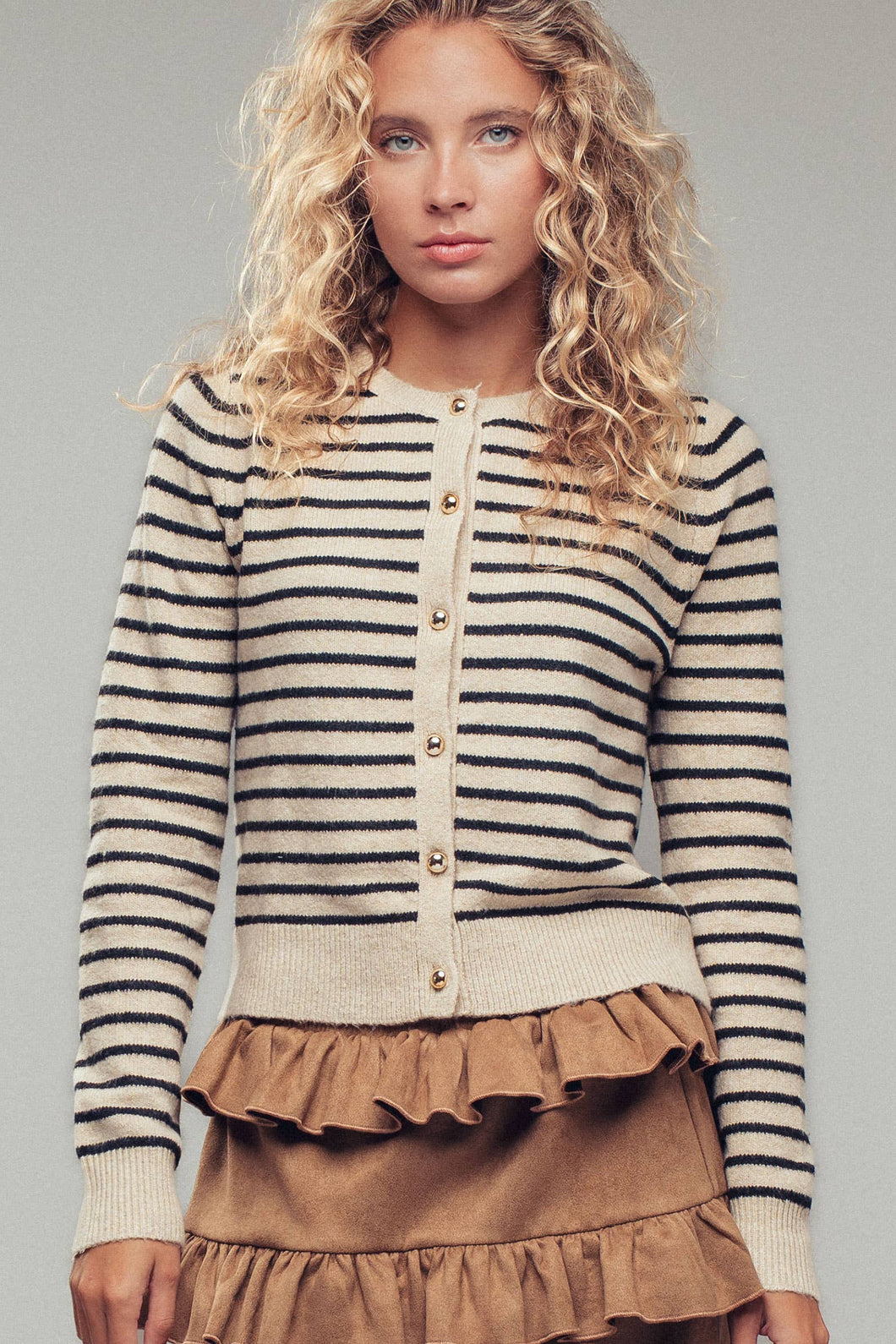 Urban Daizy - Parisian Striped Gold Button Cardigan