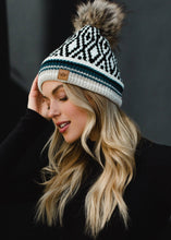 Load image into Gallery viewer, White, Black, Blue &amp; Tan Patterned Pom Hat

