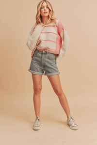 Mona Knit Stripe Pullover Sweater: White/Pink / S / Knit