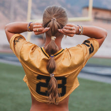 Load image into Gallery viewer, K'lani hair tie bracelets - "Game Day" Purple &amp; Yellow Hair Tie Bracelets
