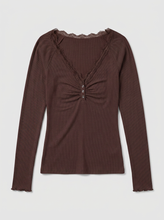 Load image into Gallery viewer, Urban Daizy - Lace Trim Ribbed Knit Henley Top
