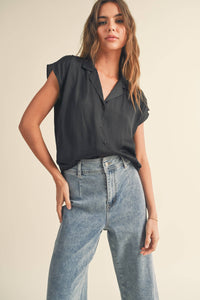 MIOU MUSE - MMT1194   BUTTON DOWN CAP SLEEVE SHIRTS